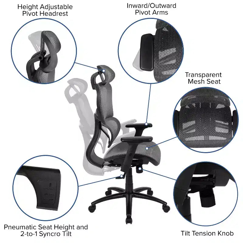 Emma and Oliver Ergonomic Mesh Office Chair-Synchro-Tilt, Headrest, Adjustable Pivot Arms