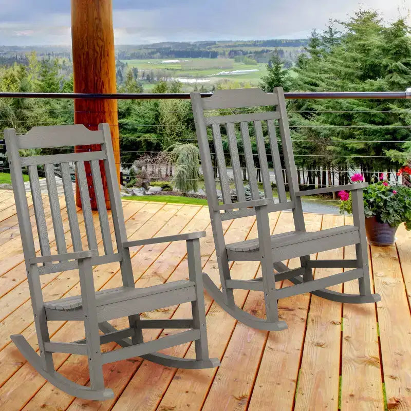 Emma and Oliver Set of 2 All-Weather Poly Resin Faux Wood Rocking Chairs for Porch &Patio