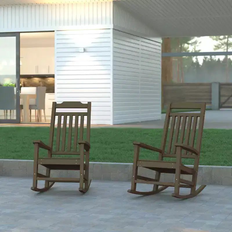 Emma and Oliver Set of 2 All-Weather Poly Resin Faux Wood Rocking Chairs for Porch &Patio