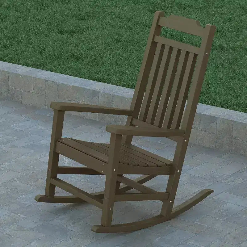 Emma and Oliver Set of 2 All-Weather Poly Resin Faux Wood Rocking Chairs for Porch &Patio