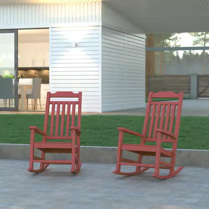 Emma and Oliver Set of 2 All-Weather Poly Resin Faux Wood Rocking Chairs for Porch &Patio