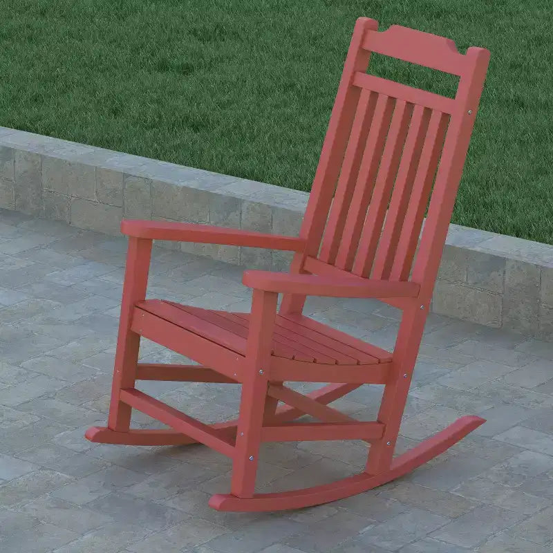 Emma and Oliver Set of 2 All-Weather Poly Resin Faux Wood Rocking Chairs for Porch &Patio
