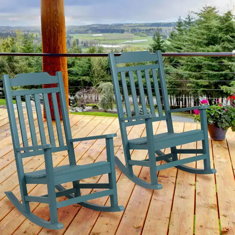 Emma and Oliver Set of 2 All-Weather Poly Resin Faux Wood Rocking Chairs for Porch &Patio