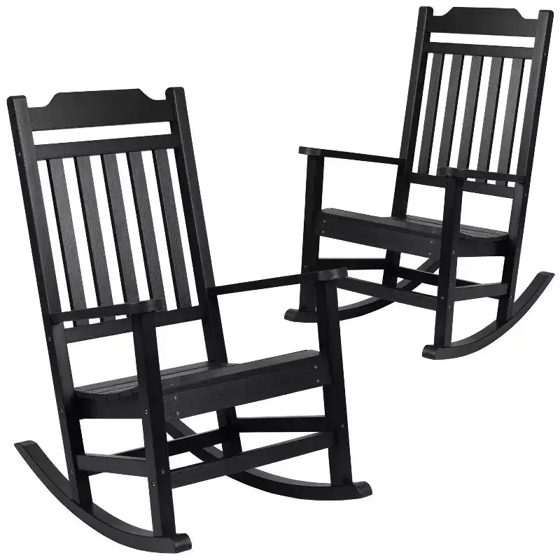 Emma and Oliver Set of 2 All-Weather Poly Resin Faux Wood Rocking Chairs for Porch &Patio