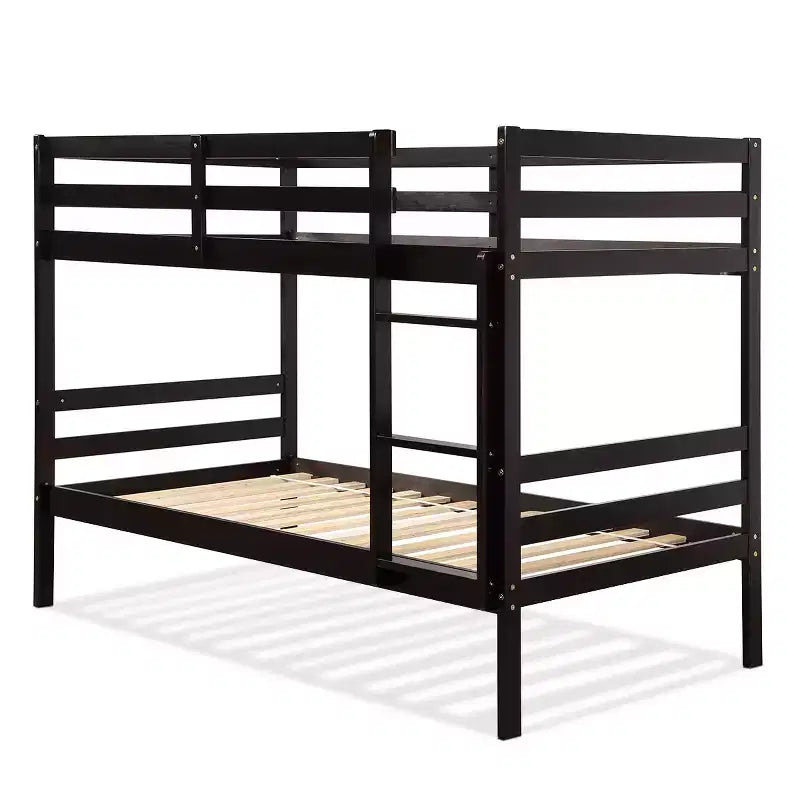 Costway Twin Over Twin Wood Bunk Beds Ladder Safety Rail EspressoWhite