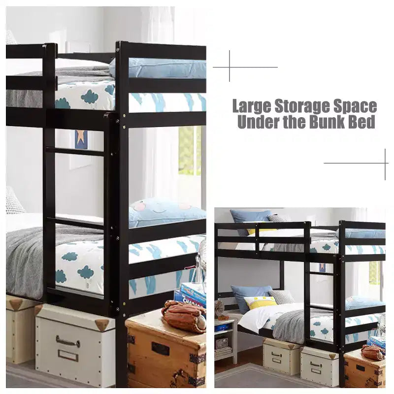 Costway Twin Over Twin Wood Bunk Beds Ladder Safety Rail EspressoWhite