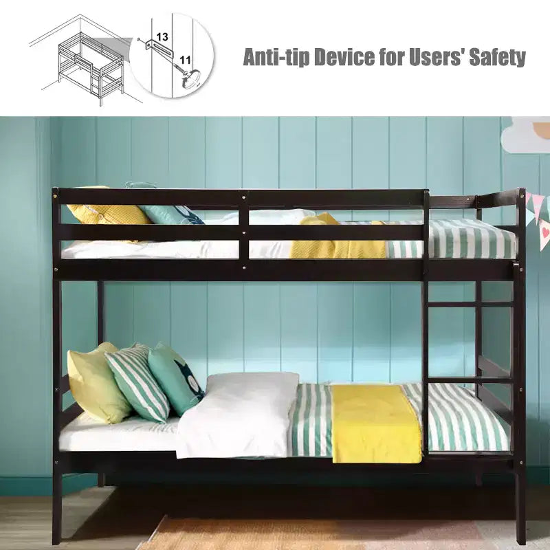 Costway Twin Over Twin Wood Bunk Beds Ladder Safety Rail EspressoWhite