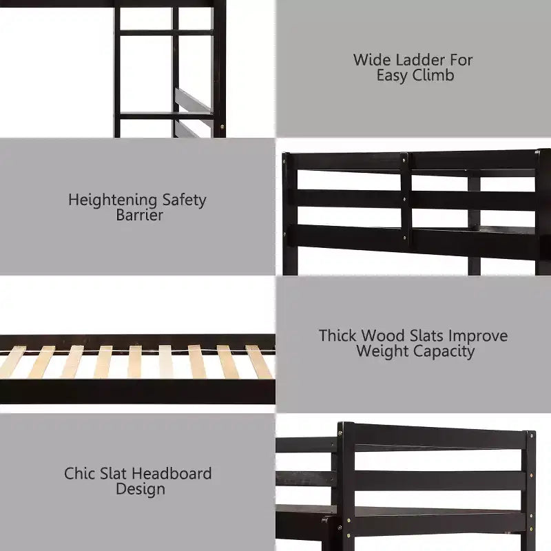 Costway Twin Over Twin Wood Bunk Beds Ladder Safety Rail EspressoWhite