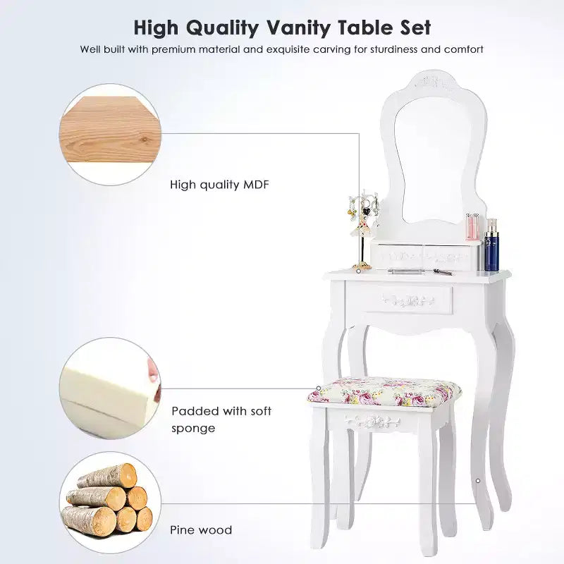 Costway Bianco Toeletta Gioielli Trucco Tavolo da Trucco Sgabello Cassetto