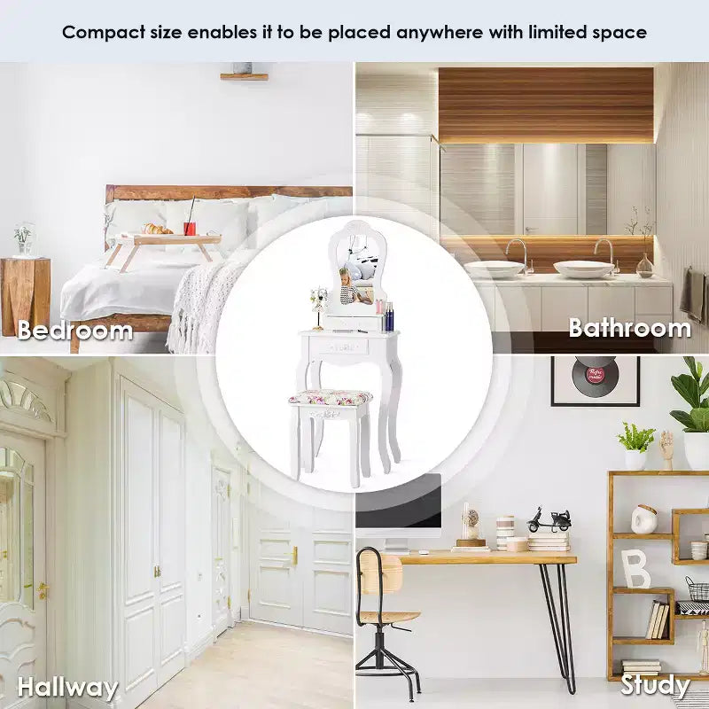 Costway Bianco Toeletta Gioielli Trucco Tavolo da Trucco Sgabello Cassetto