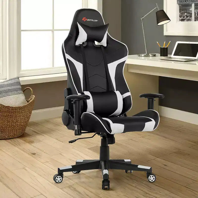 Costway Massage Gaming Chair Reclining Swivel Racing Office Chair w/Lumbar Support White\Blue\Grey\Red