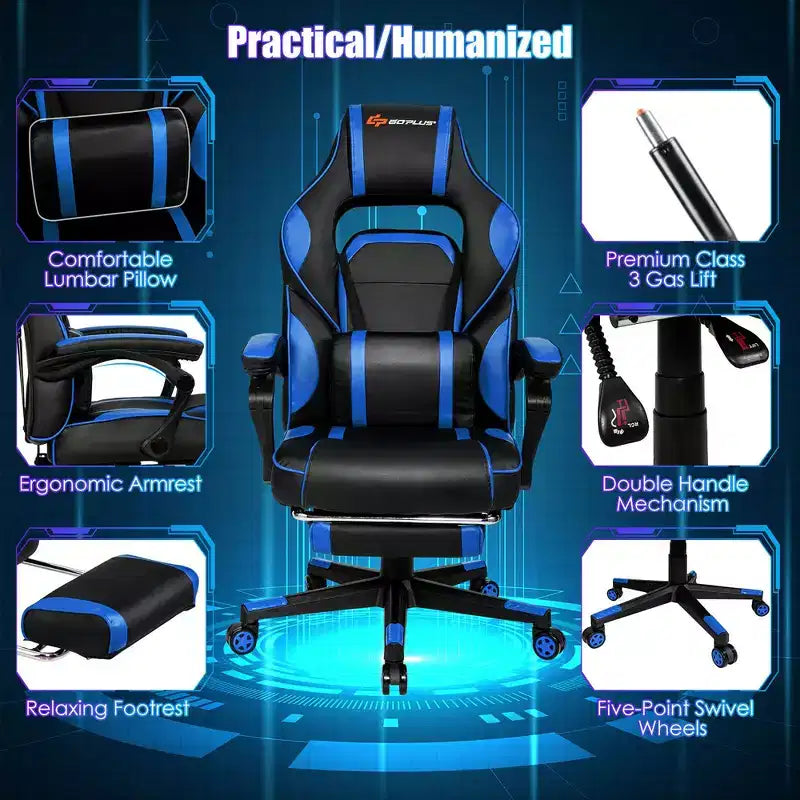 Costway Massage Gaming Chair Reclining Racing Computer Office Chair with Footrest White\ Black\Blue\Red