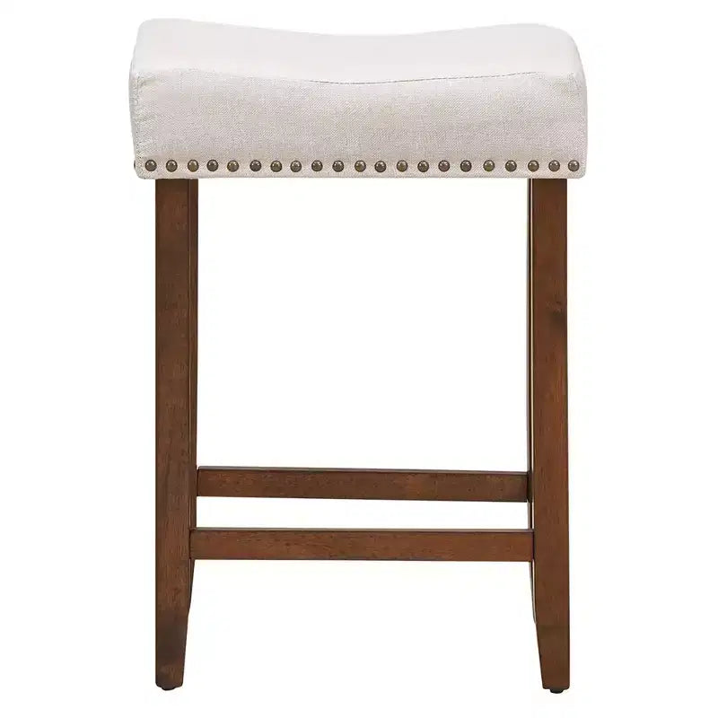 Costway Set di 4 Sgabelli da Bar a Sella 24'' con Rivetti, Sedile in Tessuto e Gambe in Legno, Beige/Grigio