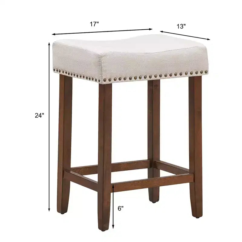 Costway Set di 4 Sgabelli da Bar a Sella 24'' con Rivetti, Sedile in Tessuto e Gambe in Legno, Beige/Grigio