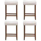 Costway Set di 4 Sgabelli da Bar a Sella 24'' con Rivetti, Sedile in Tessuto e Gambe in Legno, Beige/Grigio