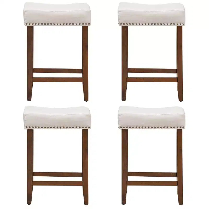 Costway Set di 4 Sgabelli da Bar a Sella 24'' con Rivetti, Sedile in Tessuto e Gambe in Legno, Beige/Grigio