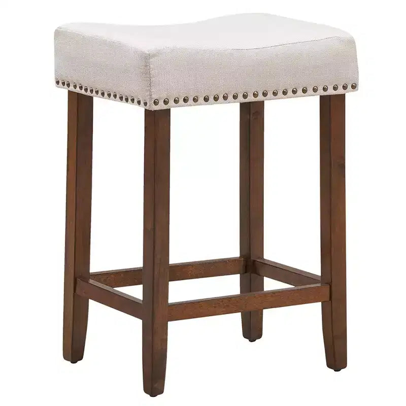 Costway Set di 4 Sgabelli da Bar a Sella 24'' con Rivetti, Sedile in Tessuto e Gambe in Legno, Beige/Grigio