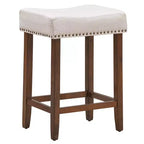 Costway Set di 4 Sgabelli da Bar a Sella 24'' con Rivetti, Sedile in Tessuto e Gambe in Legno, Beige/Grigio