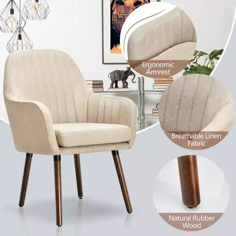 Costway Set di 4 Sedie da Pranzo Imbottite con Braccioli e Gambe in Legno Beige/Grigio