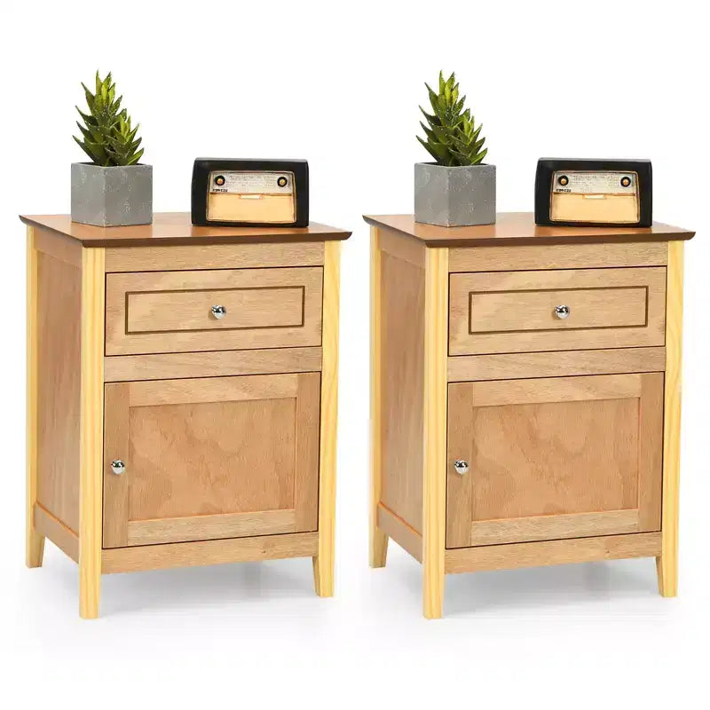 Costway 2 comodini con cassetto, tavolo laterale/di appoggio, mobiletto contenitore bianco/naturale