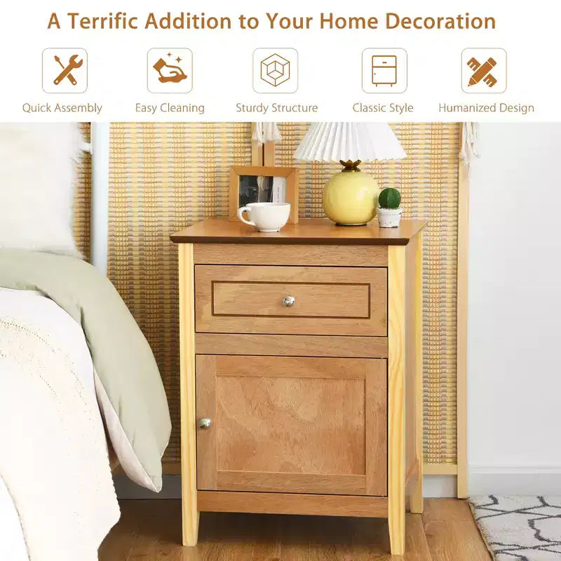 Costway 2 comodini con cassetto, tavolo laterale/di appoggio, mobiletto contenitore bianco/naturale