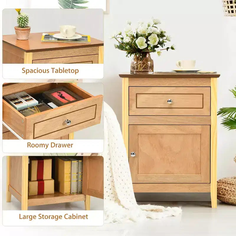 Costway 2 comodini con cassetto, tavolo laterale/di appoggio, mobiletto contenitore bianco/naturale