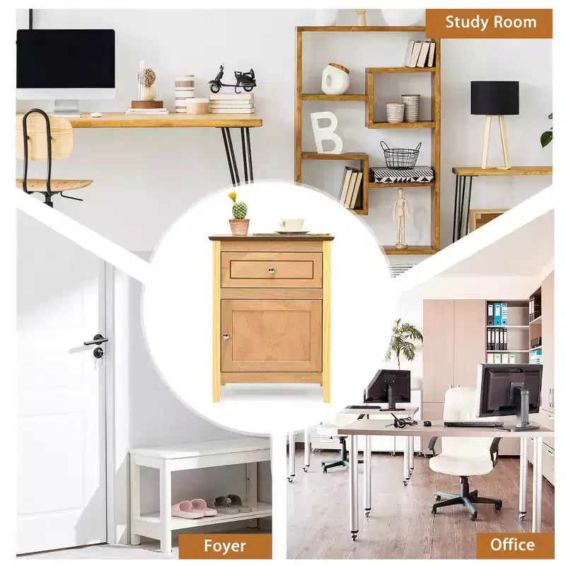 Costway 2 comodini con cassetto, tavolo laterale/di appoggio, mobiletto contenitore bianco/naturale