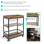 Carrello da Bar Mobile da Interno a 3 Ripiani Stile Industriale Rustico Sunnydaze con Portabottiglie e Portacalici