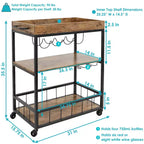 Carrello da Bar Mobile da Interno a 3 Ripiani Stile Industriale Rustico Sunnydaze con Portabottiglie e Portacalici