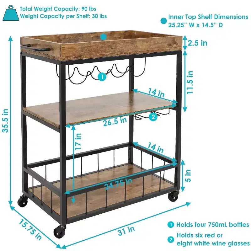 Carrello da Bar Mobile da Interno a 3 Ripiani Stile Industriale Rustico Sunnydaze con Portabottiglie e Portacalici