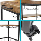 Carrello da Bar Mobile da Interno a 3 Ripiani Stile Industriale Rustico Sunnydaze con Portabottiglie e Portacalici
