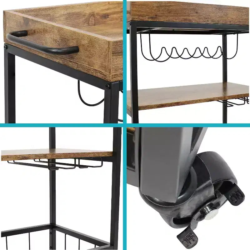 Carrello da Bar Mobile da Interno a 3 Ripiani Stile Industriale Rustico Sunnydaze con Portabottiglie e Portacalici