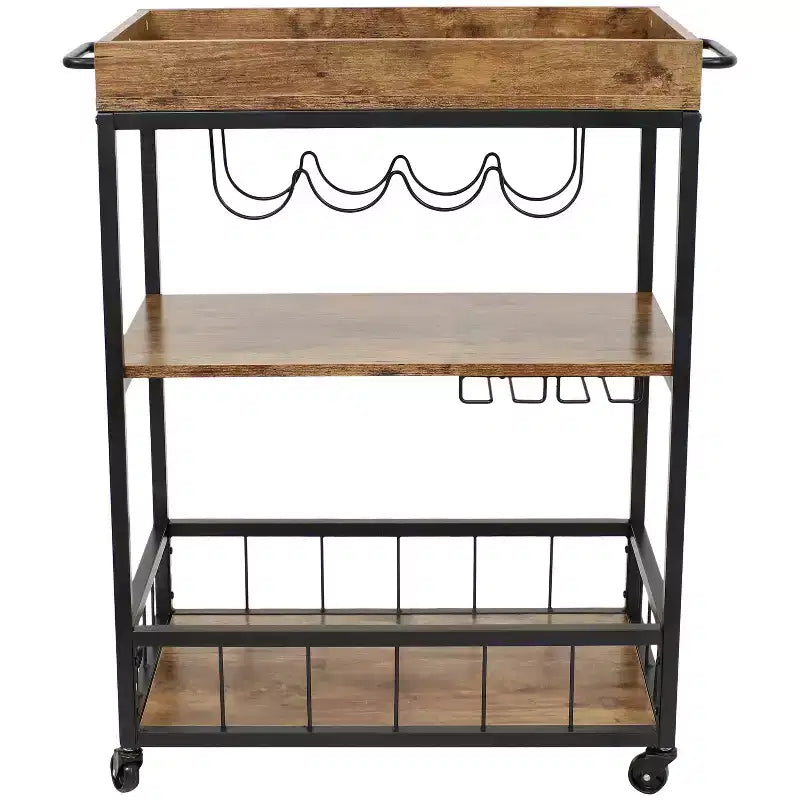 Carrello da Bar Mobile da Interno a 3 Ripiani Stile Industriale Rustico Sunnydaze con Portabottiglie e Portacalici
