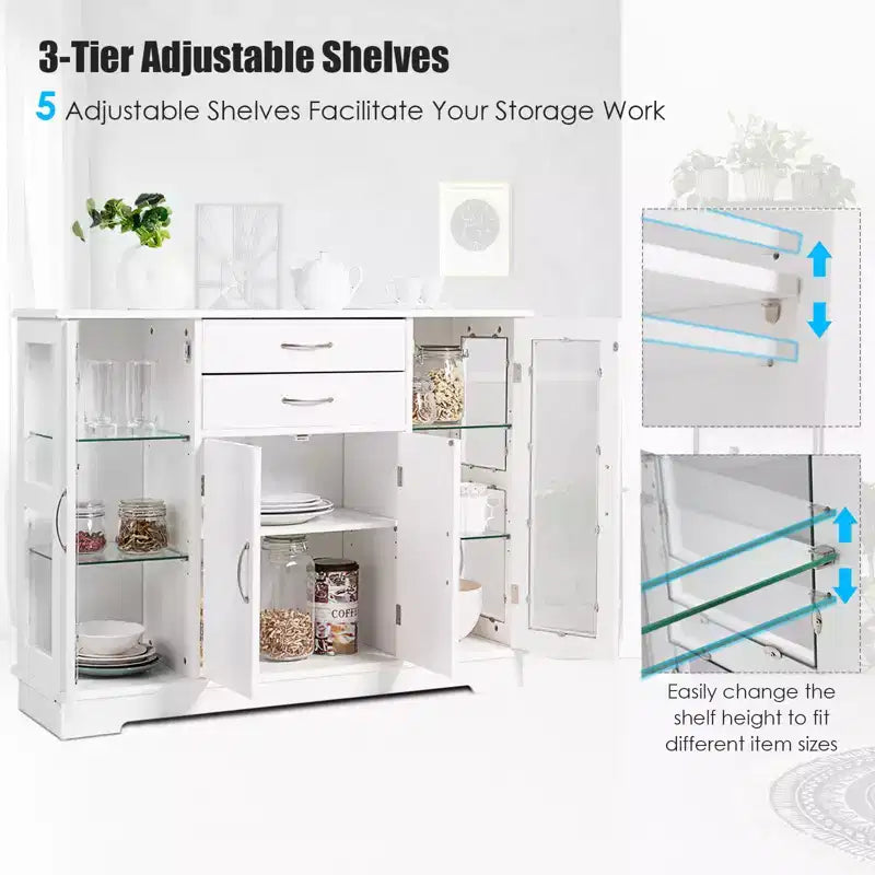 Costway Buffet Storage Cabinet Console Cupboard W/Glass Door Drawers Kitchen Dining Room