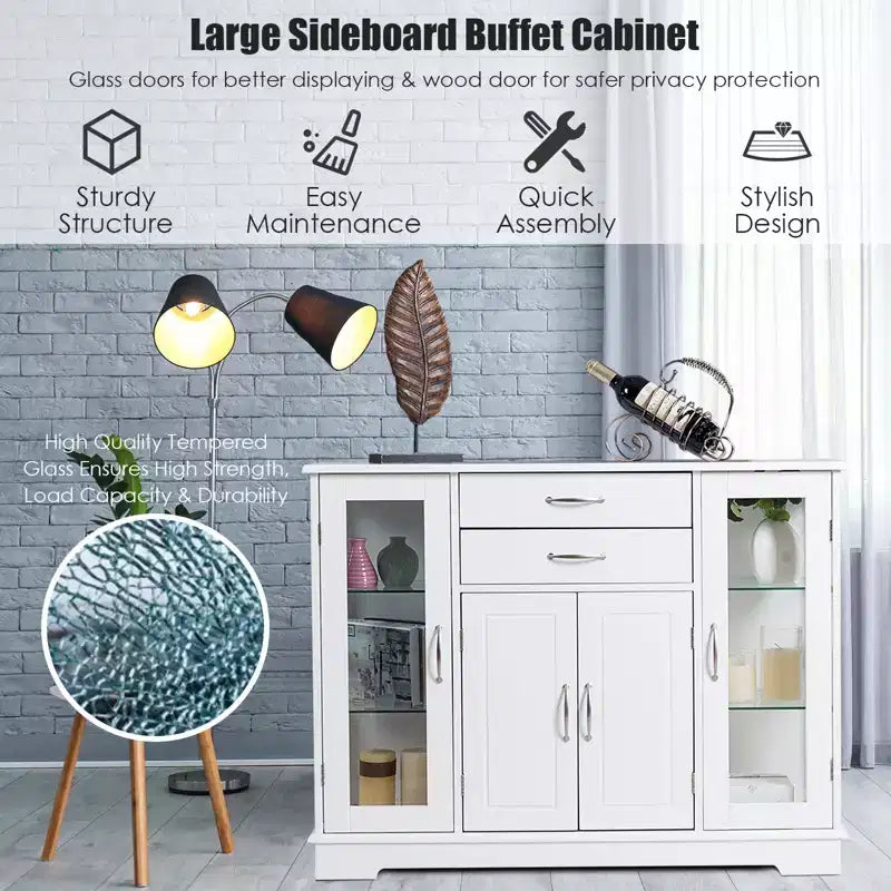 Costway Buffet Storage Cabinet Console Cupboard W/Glass Door Drawers Kitchen Dining Room