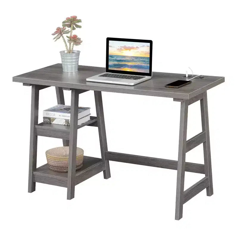 Designs2Go Trestle Desk with Charging Station and Shelves - Breighton Home