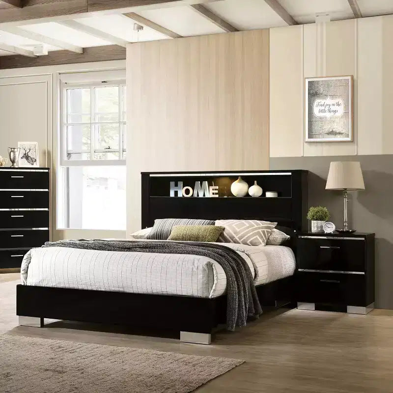 2pc Shorehaven Contemporary Nightstand and Bed Set Black/Chrome - miBasics
