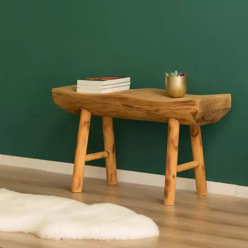 Panca d'accento rustica intagliata in legno naturale Vintiquewise per ingresso