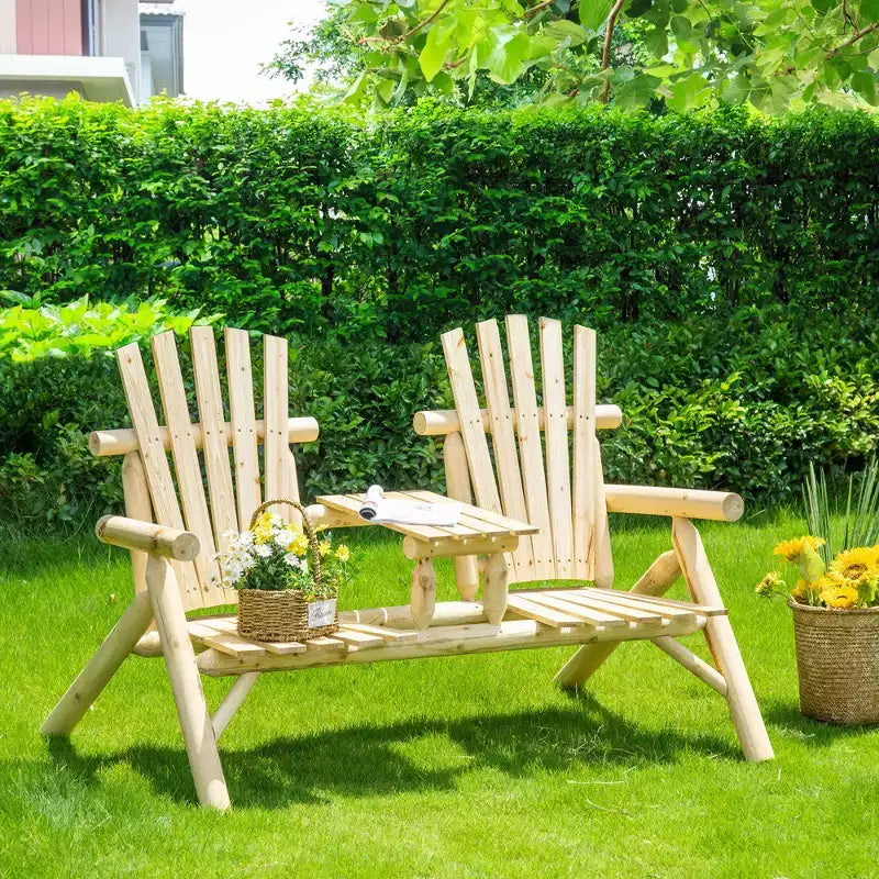 Outsunny Wood Adirondack Patio Chair Bench with Center Coffee Table, Perfect for Lounging and Relaxing Outdoors