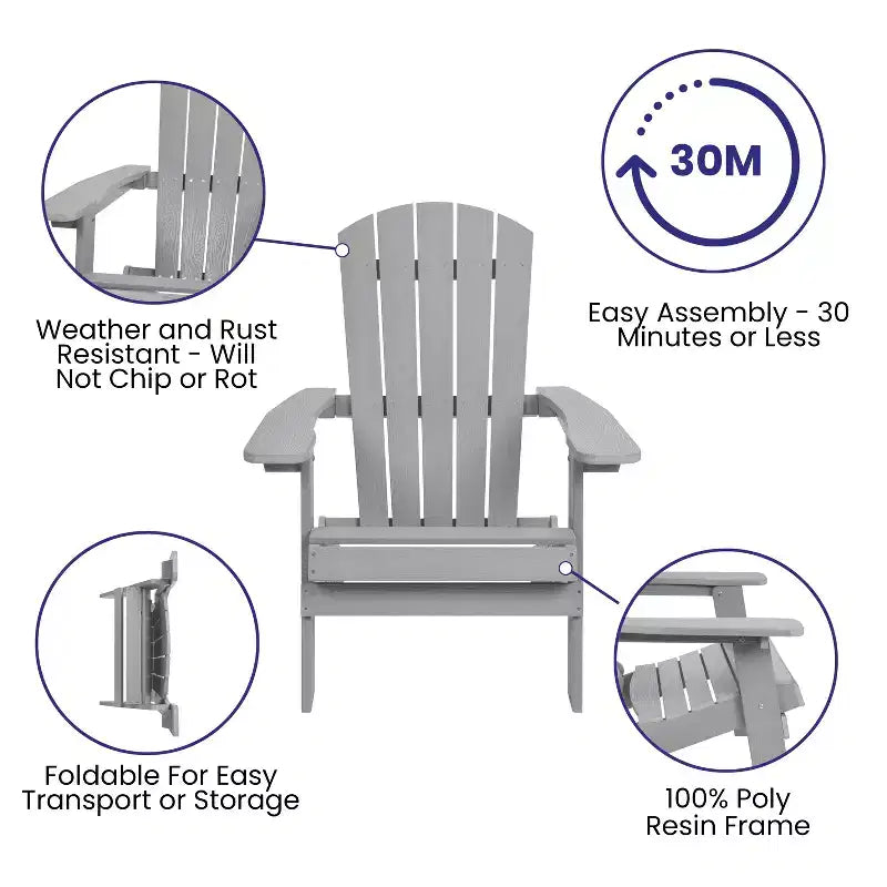 Flash Furniture Set of 4 Charlestown All-Weather Poly Resin Folding Adirondack Chair
