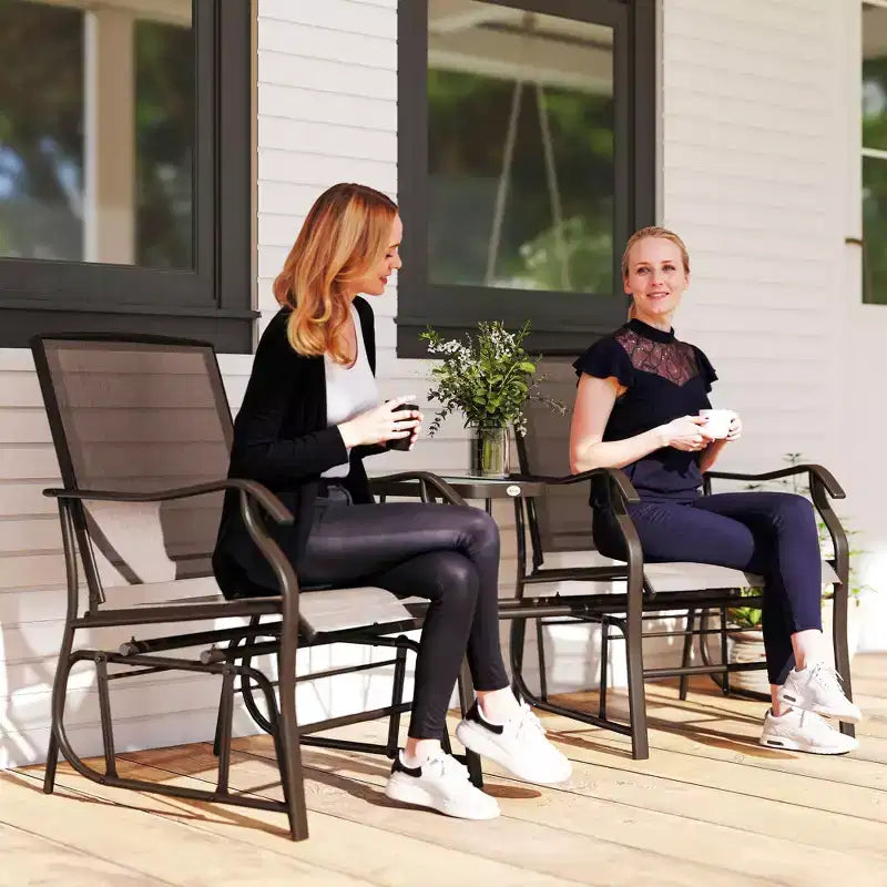 Outsunny Outdoor Glider Chairs with Coffee Table, Patio 2-Seat Rocking Chair Swing Loveseat with Breathable Sling for Backyard, Garden and Porch