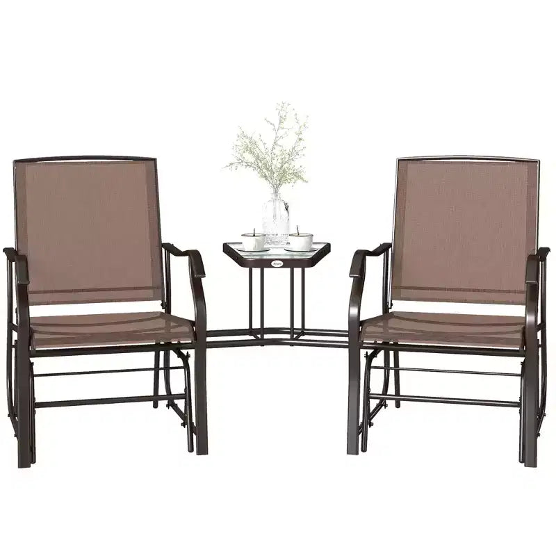 Outsunny Outdoor Glider Chairs with Coffee Table, Patio 2-Seat Rocking Chair Swing Loveseat with Breathable Sling for Backyard, Garden and Porch