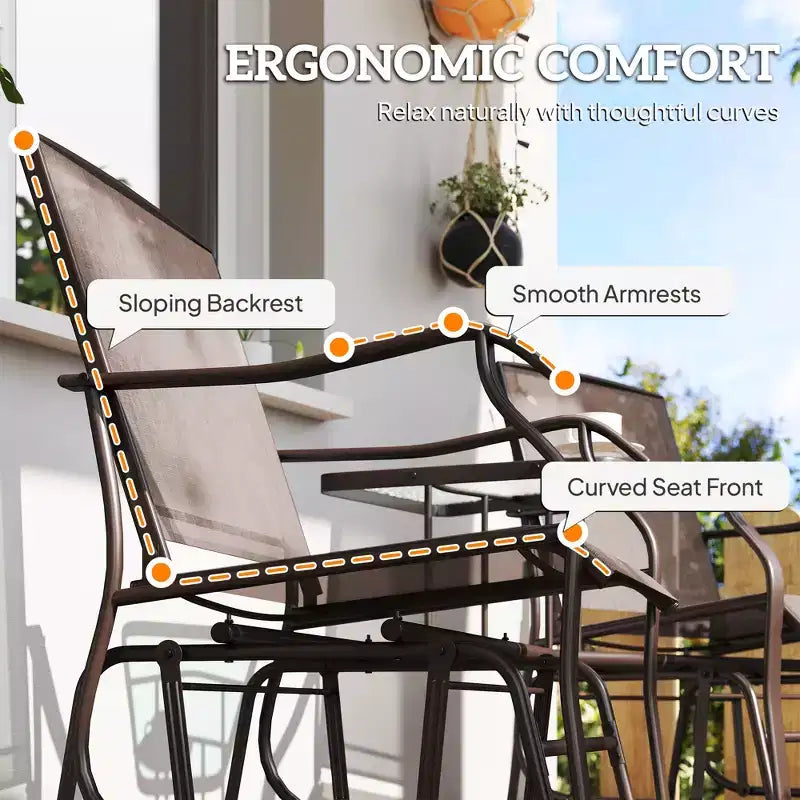 Outsunny Outdoor Glider Chairs with Coffee Table, Patio 2-Seat Rocking Chair Swing Loveseat with Breathable Sling for Backyard, Garden and Porch