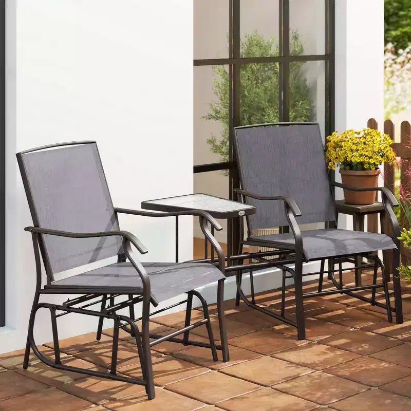 Outsunny Outdoor Glider Chairs with Coffee Table, Patio 2-Seat Rocking Chair Swing Loveseat with Breathable Sling for Backyard, Garden and Porch
