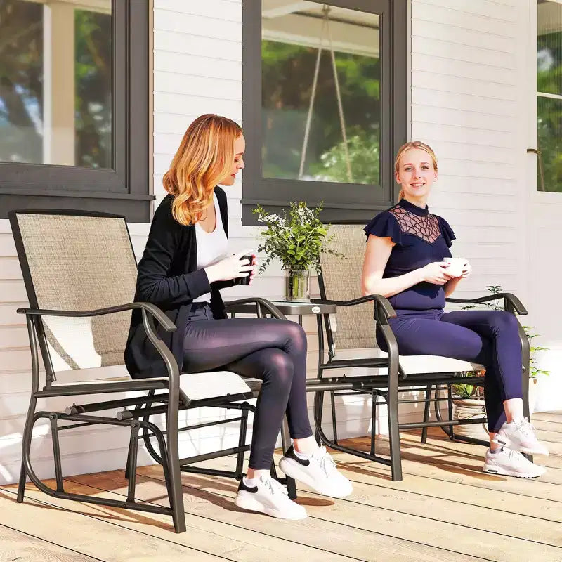 Outsunny Outdoor Glider Chairs with Coffee Table, Patio 2-Seat Rocking Chair Swing Loveseat with Breathable Sling for Backyard, Garden and Porch