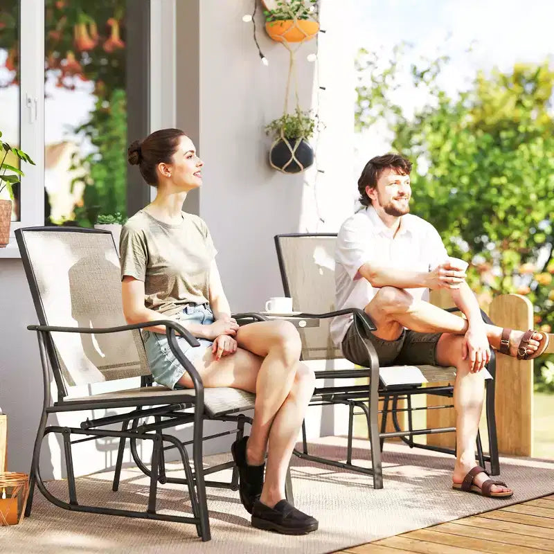 Outsunny Outdoor Glider Chairs with Coffee Table, Patio 2-Seat Rocking Chair Swing Loveseat with Breathable Sling for Backyard, Garden and Porch