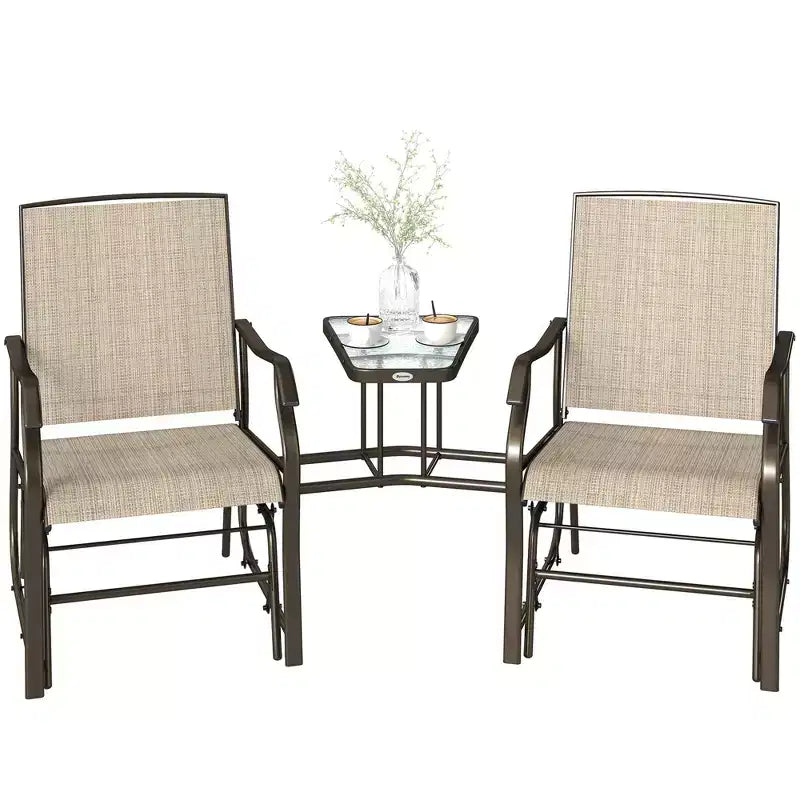 Outsunny Outdoor Glider Chairs with Coffee Table, Patio 2-Seat Rocking Chair Swing Loveseat with Breathable Sling for Backyard, Garden and Porch