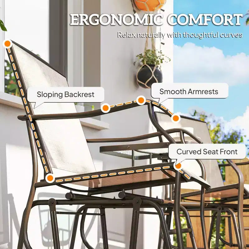 Outsunny Outdoor Glider Chairs with Coffee Table, Patio 2-Seat Rocking Chair Swing Loveseat with Breathable Sling for Backyard, Garden and Porch