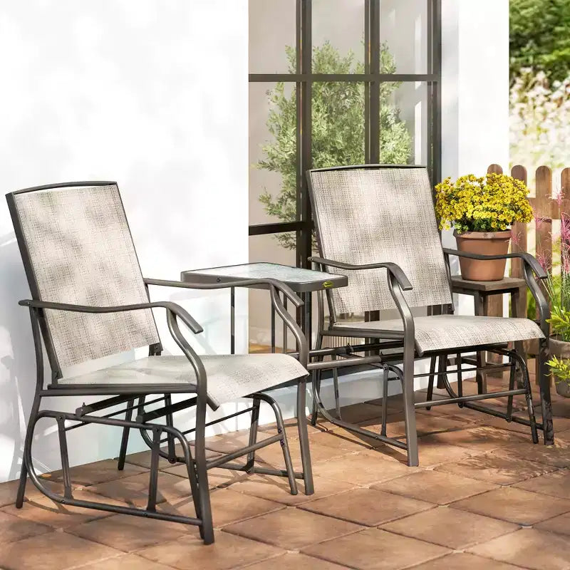 Outsunny Outdoor Glider Chairs with Coffee Table, Patio 2-Seat Rocking Chair Swing Loveseat with Breathable Sling for Backyard, Garden and Porch