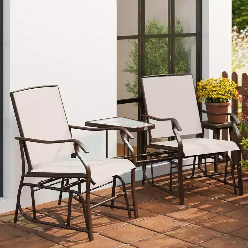 Outsunny Outdoor Glider Chairs with Coffee Table, Patio 2-Seat Rocking Chair Swing Loveseat with Breathable Sling for Backyard, Garden and Porch